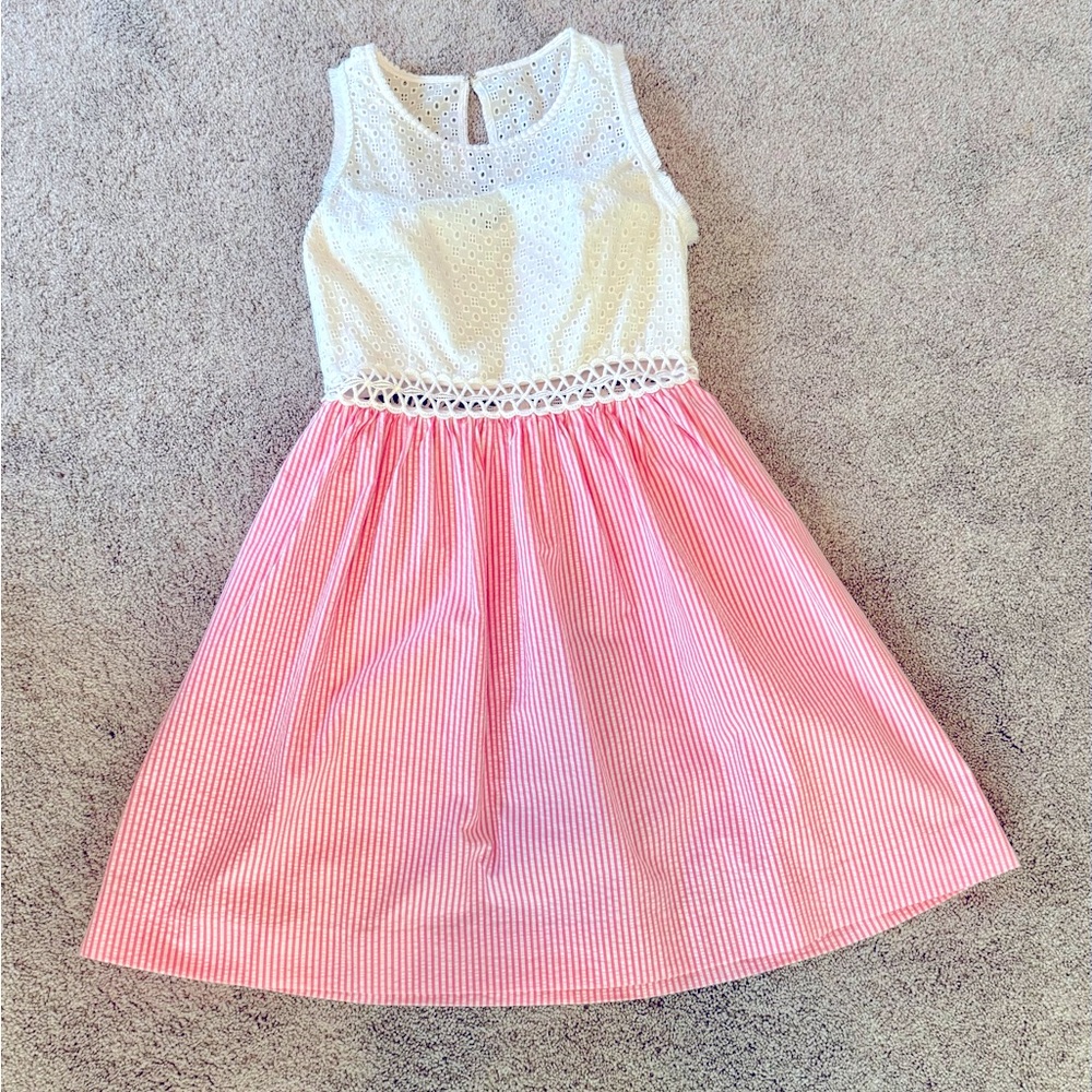 Lilly Pulitzer White & Pink Striped Seersucker "Alivia" Dress w/ Eyelet Top Sz 0